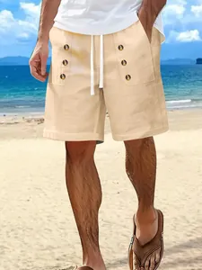 Casual men's summer cotton linen beach shorts featuring decorative button details.