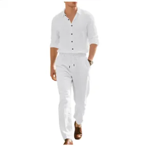 Set camicia a maniche lunghe e pantaloni in lino bianco da uomo per spiaggia