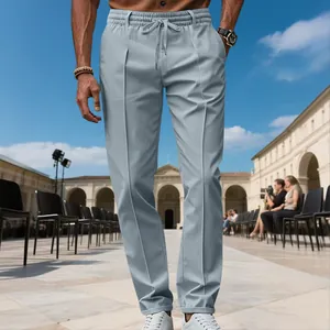 Vue détaillée du pantalon décontracté ajusté gris pour homme avec taille élastique.