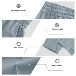 Vues détaillées de la taille, de la poche, de l'ourlet et du tissu de ce pantalon homme.