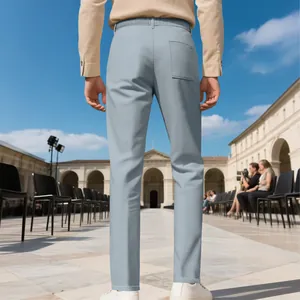 Vue arrière d'un pantalon décontracté bleu clair pour homme dans une cour extérieure