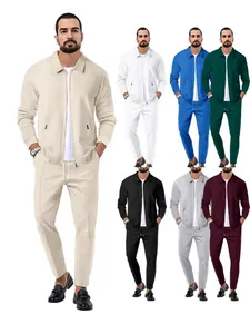 Ensemble Haut et Bas Décontracté pour Homme en Tricot Gaufrette Veste à Revers Zippée et Pantalon Survêtement de Mode