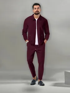 Ensemble de sport décontracté pour hommes en maille gaufrée bordeaux avec veste