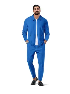 Ensemble de sport 2 pièces bleu gaufré pour hommes avec veste zippée et pantalon