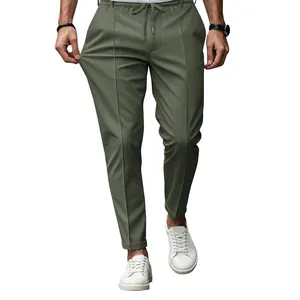 Detailed view of olive green slim fit stretch trousers for men with drawstring waist