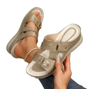 Khaki women's wedge sandals with decorative stitching and thick platform sole for beach