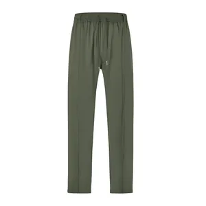 Detailed view of olive green men's slim-fit business casual trousers with elastic waist