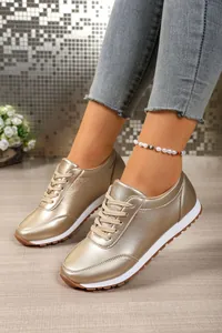 Γυναικεία μεταλλικά χρυσά sneakers με χοντρή σόλα και καθημερινό στρογγυλό σχέδιο