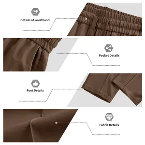 Collage détaillé du pantalon décontracté marron pour homme: taille, poche, ourlet et tissu.