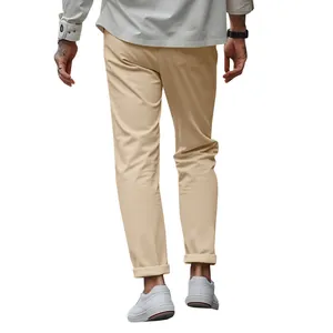 Back view of men's slim-fit khaki casual pants with a tapered leg and rolled cuffs