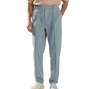 Pantalon décontracté coupe ajustée homme avec cordon de serrage et plis en bleu gris