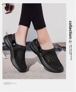 Detailed side view showing the breathable black mesh texture of casual clogs on model legs