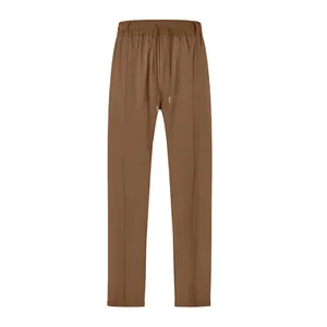 Front view of men's slim-fit casual brown trousers featuring a drawstring waistband.