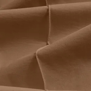 Macro view of brown twill fabric texture and durable stitching for men's casual pants.