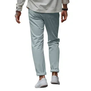 Back view of men's slim fit casual pants in light blue solid color for business casual style