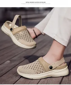 Detailed view of breathable flying woven mesh clogs for women in khaki beige color