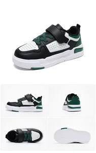 Multi-angle detail view of kids' black and white sneakers with green accents.