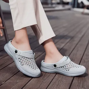 Breathable grey fly-woven mesh mules for summer with comfortable thick soles