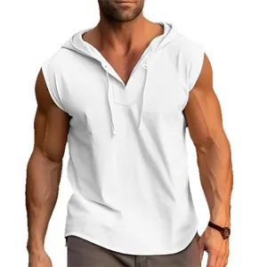 Felpa con cappuccio senza maniche da uomo bianca con coulisse e scollo V