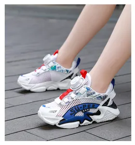 Close-up of breathable mesh kids' running shoes with convenient rotary buckle design