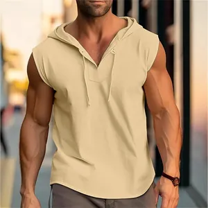 Gilet casual da uomo senza maniche con cappuccio beige e coulisse regolabile