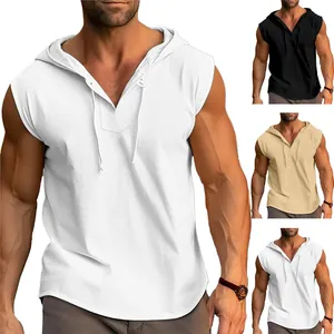 Canotta con Cappuccio Senza Maniche da Uomo in Poliestere Traspirante Sottile Estiva Sportiva Gilet Fitness Taglio Comodo Coulisse