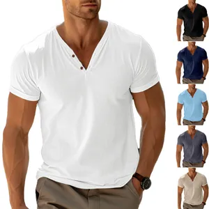 Maglietta Henley da Uomo Casual Smart Scollo a V Leggera Traspirante Tinta Unita Manica Corta Poliestere Top Estivo