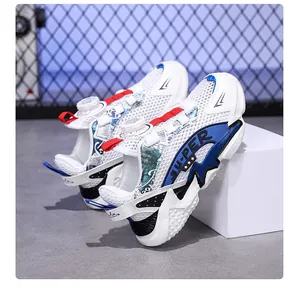 Side view of breathable mesh children's running shoes with blue accents and rotary buckle.