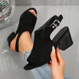 Sandalias de Tacón de Bloque con Punta Abierta para Mujer Negro Efecto Ante Tacones Altos Correa al Tobillo con Hebilla Tallas Grandes