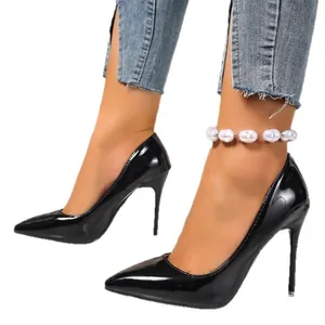 Escarpins sexy en cuir verni noir à bout pointu et talons aiguilles pour femmes chic