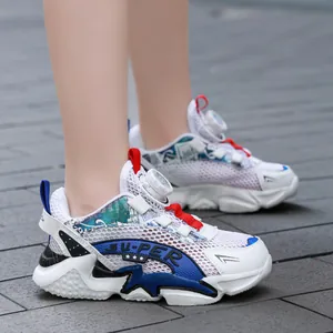 White and blue breathable mesh running shoes for children and teenagers on feet