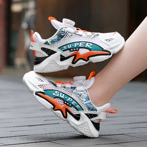 Stylish white children's breathable mesh running sneakers with orange and teal accents