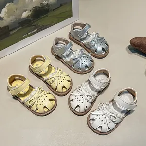 Girls Summer Closed Toe Sandals Sweet Princess Shoes Soft Sole Non-Slip Bow Hollow Out Roman Beach Shoes For Kids