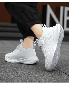 Side view detail of stylish white breathable kids sneakers for active school children