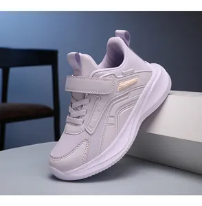 Detailed side view of purple children's running shoe with breathable mesh and Velcro strap