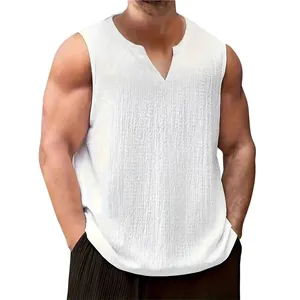 Detailed view of the white textured fabric on a men's breathable V-neck summer vest.