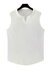 Close-up detail of white pleated breathable fabric on men's V-neck slim fitness vest