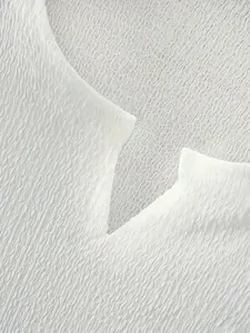 Macro detail of white textured breathable fabric for men's V-neck sports tank top
