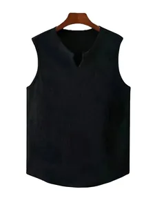 Close-up detailed view of a black textured men's slim fit V-neck athletic tank top
