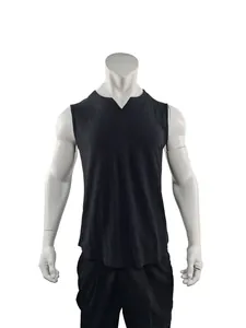 Close-up of black sleeveless slim-fit vest with textured breathable fabric for men