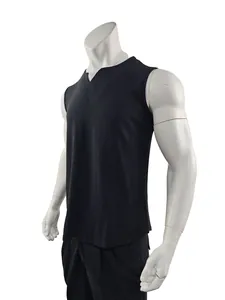 Close-up of the textured fabric on this men's slim fit black V-neck sleeveless tank top
