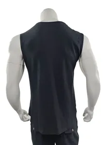 Back view of a slim-fit black breathable men's fitness tank top displayed on a mannequin
