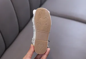 Detailed view of girl's princess shoe sole with heart pattern and size 26