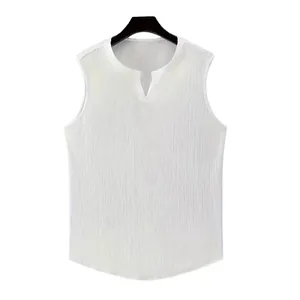 Men's white textured sleeveless tank top with V-neck, breathable summer slim fit vest