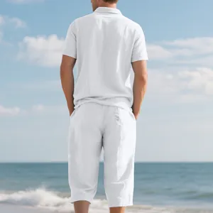Back view of men's white linen summer set with Polo shirt and cropped beach pants