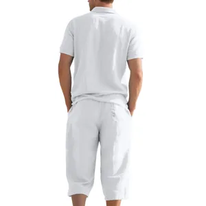 Back view of a white men's linen summer set with a short sleeve Polo shirt and pants