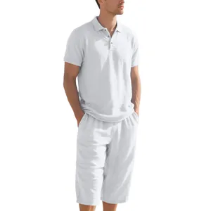 Detailed view of men's summer white linen set with short-sleeve polo and cropped pants