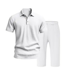 Texture detail of white linen polo shirt and cropped pants set for summer