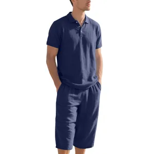 Full view of men's navy blue linen summer set featuring a short-sleeve Polo and cropped pants