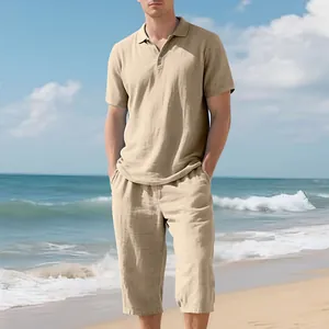 Men's summer linen two-piece set featuring short sleeve Polo shirt and capri pants on beach
